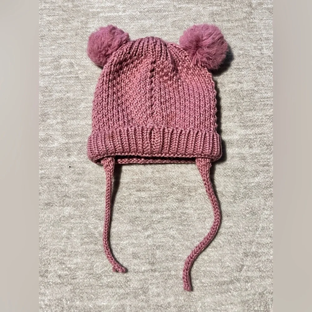 Zara pink pom pom lined winter stretch chunky knit hat puff balls toddler baby